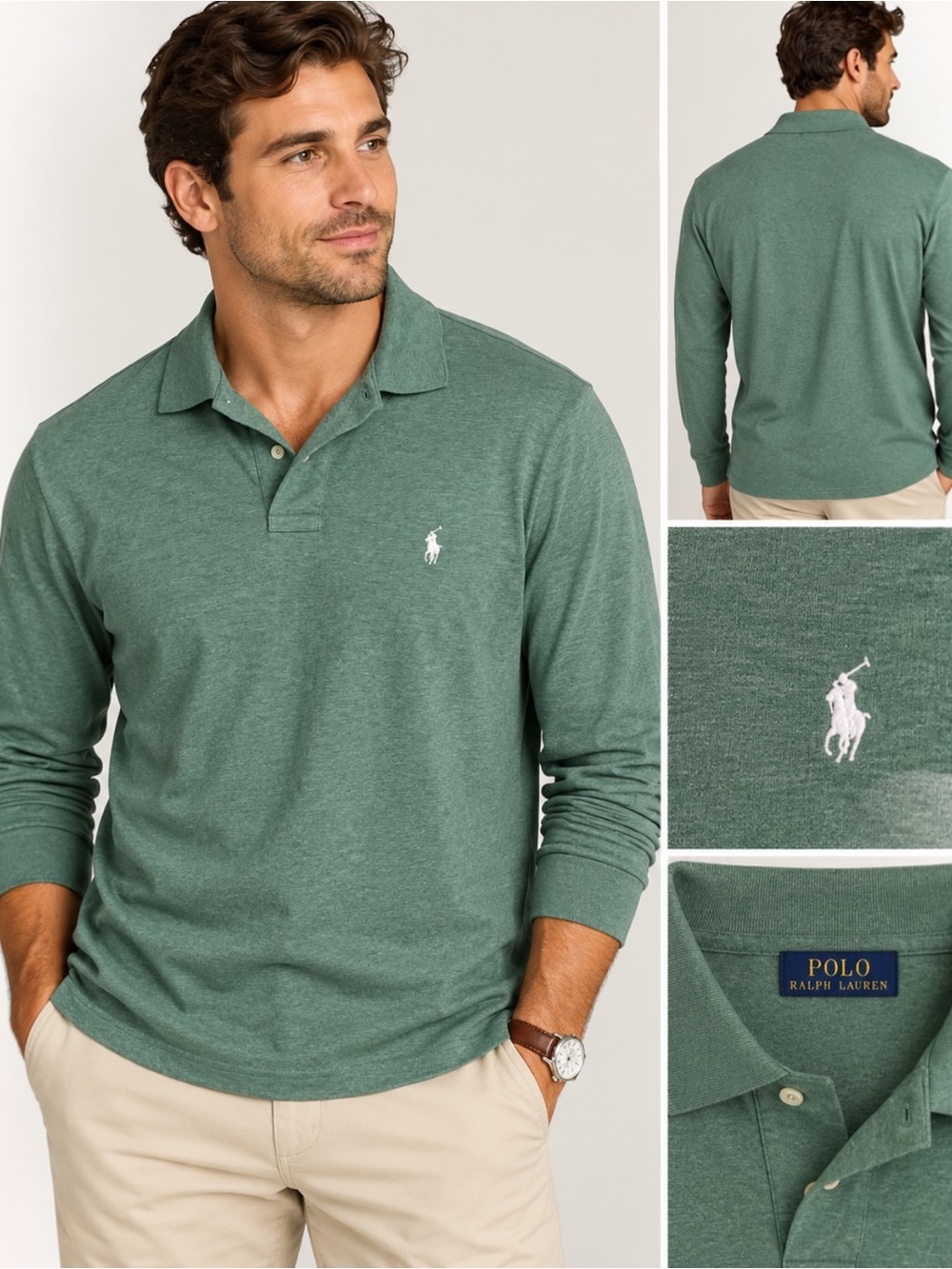 Polo Ralph Lauren Mens XXL 2XL Long Sleeve Polo Shirt Green Heather Cotton Pony